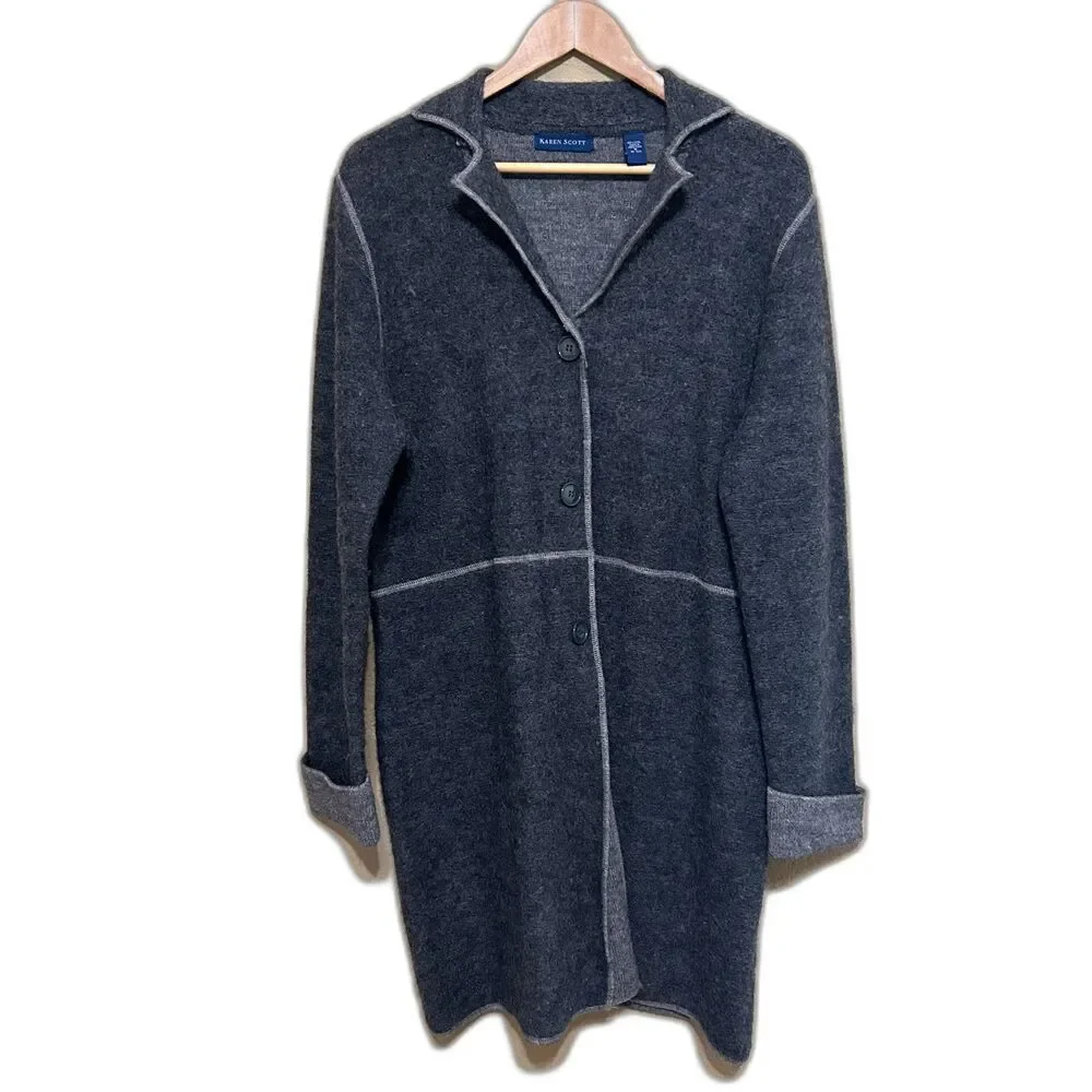 VTG Karen Scott Sweater Coat Coatigan Womens Medium Gray 100% Wool Long Line